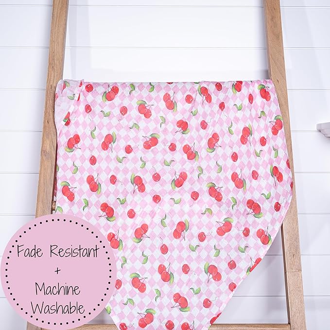 LollyBanks 100% Cotton Baby Swaddle Blanket for Baby Girls, Gentle and Soft Muslin Swaddle, Lightweight 47 x 47 Inches Swaddling Blankets for Newborn, Baby Girl Newborn Essentials (Cherry Print)