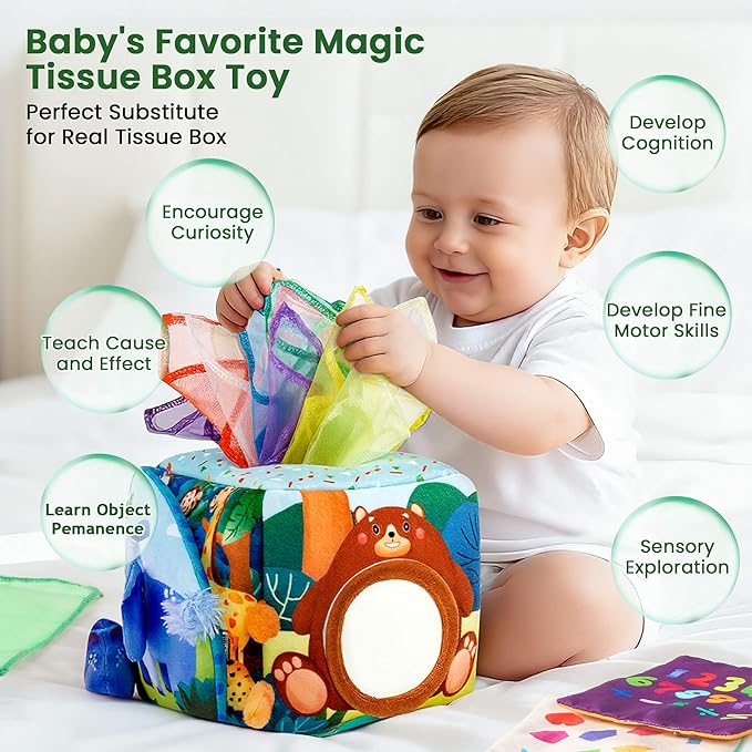 Baby Toys 6-12 Months - Baby Tissue Box Toy for 6 9 12 18 Months Old Montessori Sensory Toys for 1 Year Old Boy Infant Scarf Toy with Crinkle Tissues & Fine Motor One Year Old Boy Birthday Gifts