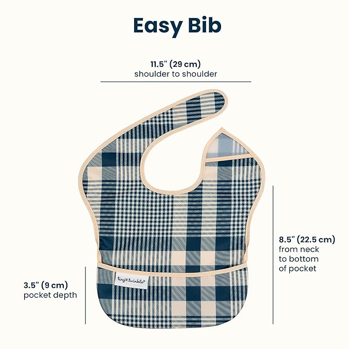 Tiny Twinkle Mess-Proof Baby Bibs for Eating | Waterproof, Wipeable Toddler Bibs with Catch-All Pocket | Feeding Bibs for Girls & Boys(3 Pack,Gingham,Grid)