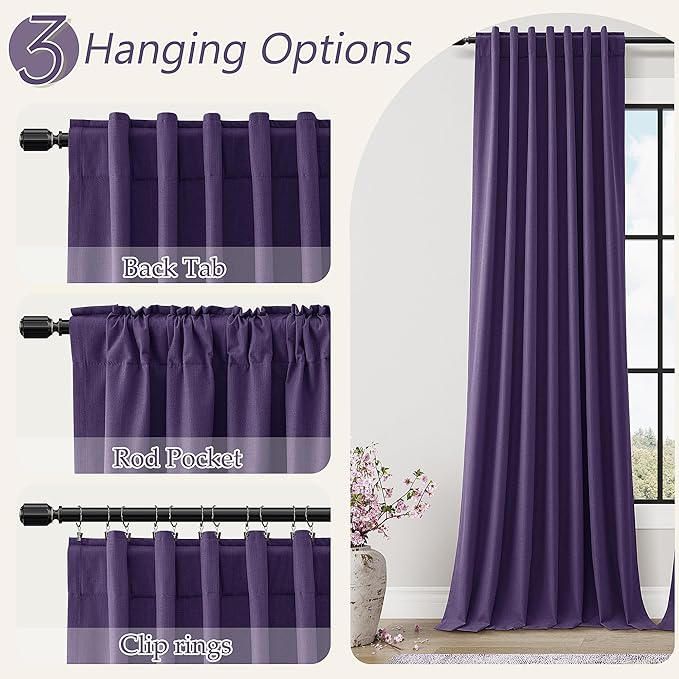 Guken 100% Blackout Curtains 120 Inch Length 2 Panels Set for Living Room Bedroom Back Tab Thermal Insulated Black Out Linen Drapes Room Darkening New Purple,52x120