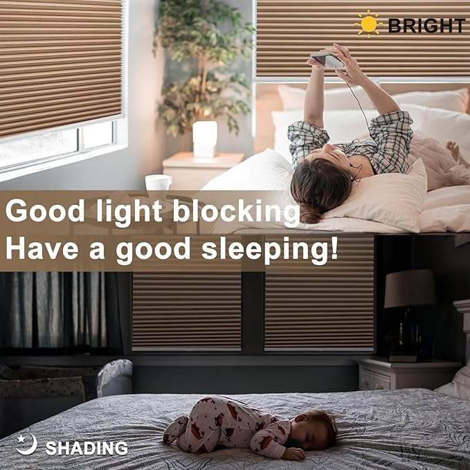 MYshade Cordless Blackout Cellular Shades, 1.5" Honeycomb Window Blinds for Bedroom & Nursery, Thermal Insulated, Noise Reducing, Privacy Shades, Inside or Outside Mount (52" W x 72" H, Light Brown)
