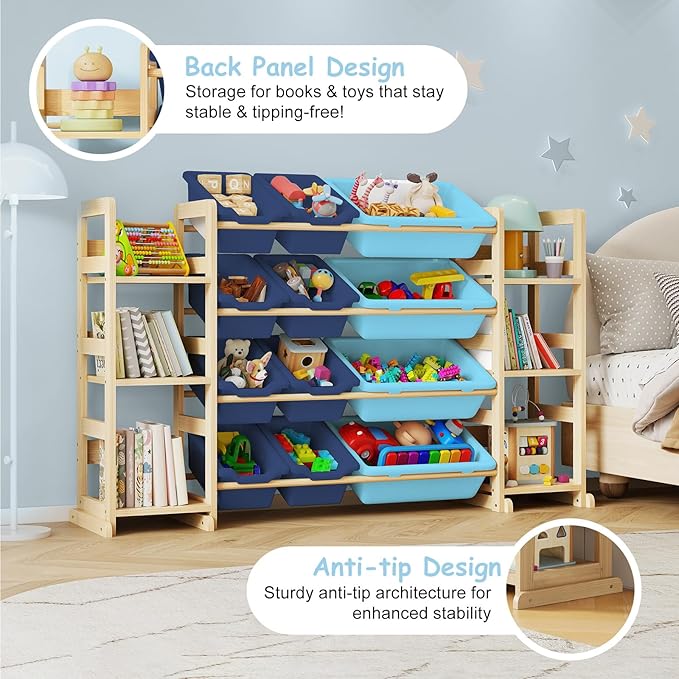 Extra Large Toy Storage - Toy Storage Organizer, Wooden Toy Organizer with 6 Side Shelves and 12 Bins, 3-in-1 Bookshelf for Kids Rooms, Playroom, Nursery, Blue