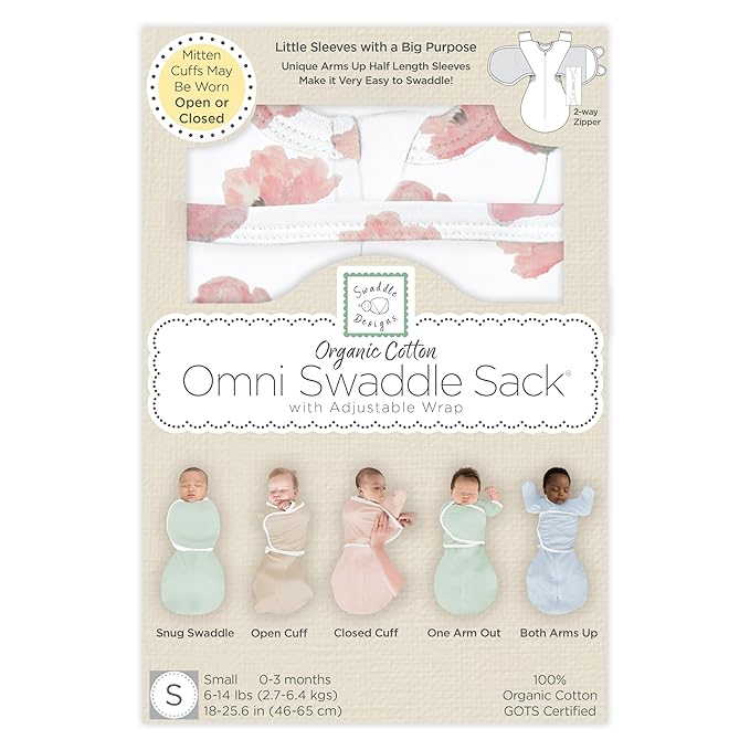SwaddleDesigns Organic 6-Way Omni Swaddle Sack Arms Up Swaddle for Newborn, More Options to Calm Startle Reflex, Improves Sleep, Small, 0-3 Month, 6-14 lbs, Watercolor Peach Blush Popppies