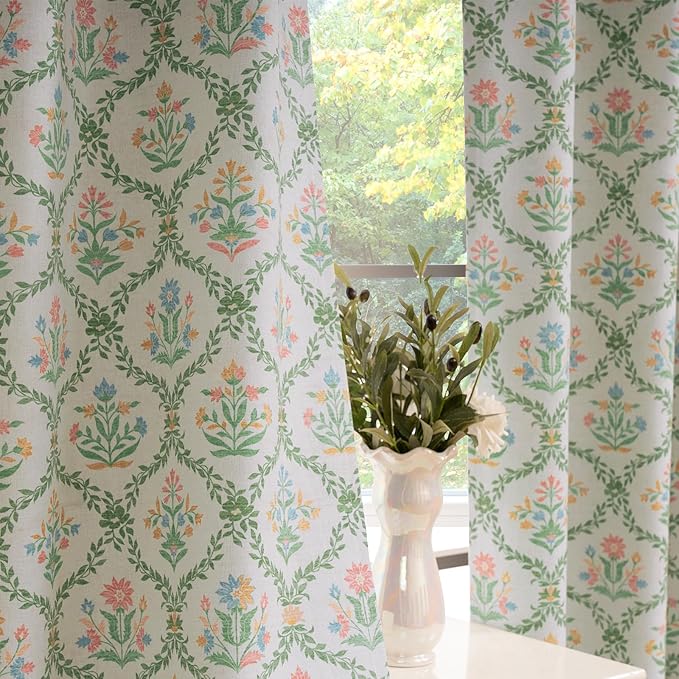 ColorBird Nursery Curtains Girl Spring Decor Blackout Floral Green and Pink Block Print Patterned Curtain Farmhouse Vintage 63 Inch Drapes for Bedroom Living Room Window Treatments
