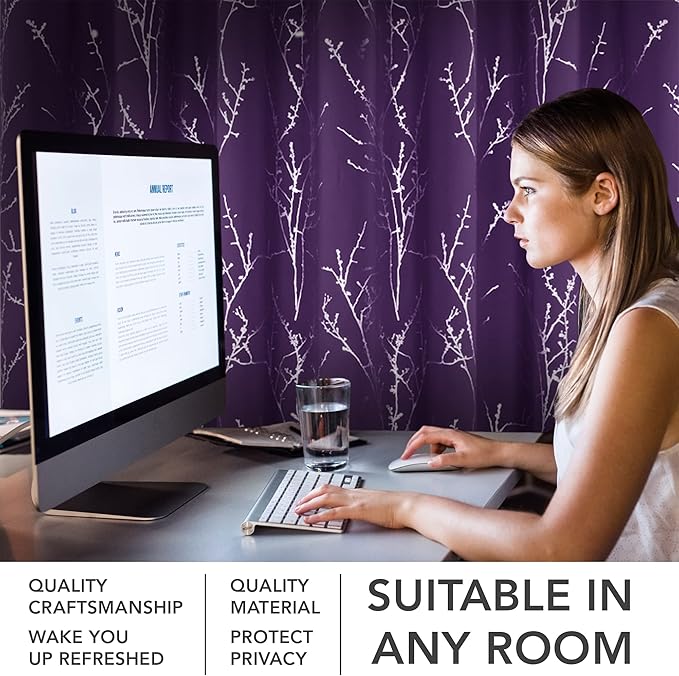 Deconovo Blackout Curtain, Purple Curtains, Thermal Insulated Soundproof Grommet Drapes, Silver Tree Foil Print, 42 x 84 Inch, 2 Panels, Machine Washable Window Panel for Living Room Bedroom Office