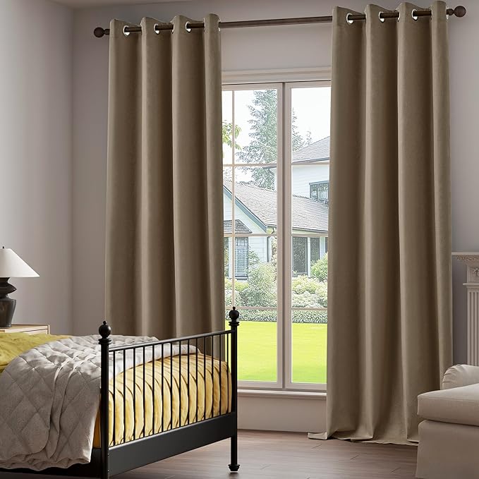 100% Blackout Linen Textured Curtains for Children's Room, Bedroom, Light Weight Curtains with Grommets Top, Kitchen Full Blackout Curtains Privacy Protection, Brown, 52" W x 63" L, 2 Panels