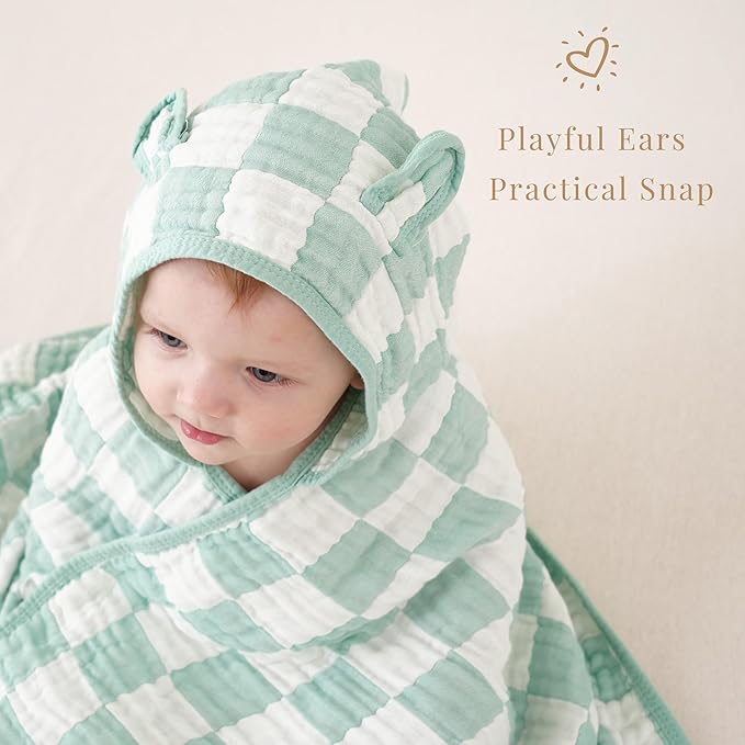 Ultra-Soft Muslin Toddler Hooded Towel - 55 x 28 Inches, Ideal for Bath & Beach, Suitable for Both Boys & Girls from Newborns to Toddlers Green Check
