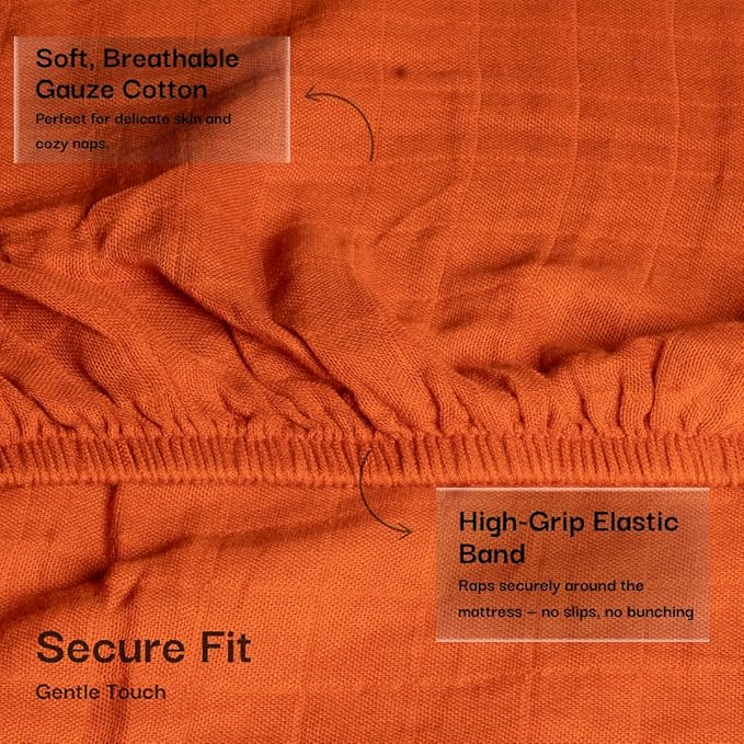 Salt Earth 100% Organic Cotton Muslin Standard Fitted Crib Sheet, 52"x28", 2 Pack Soft Breathable Natural Cotton Sheets Baby Mattress Bed Sheets, No Slip Neutral Baby Crib Sheet (Rust & Gold Star)