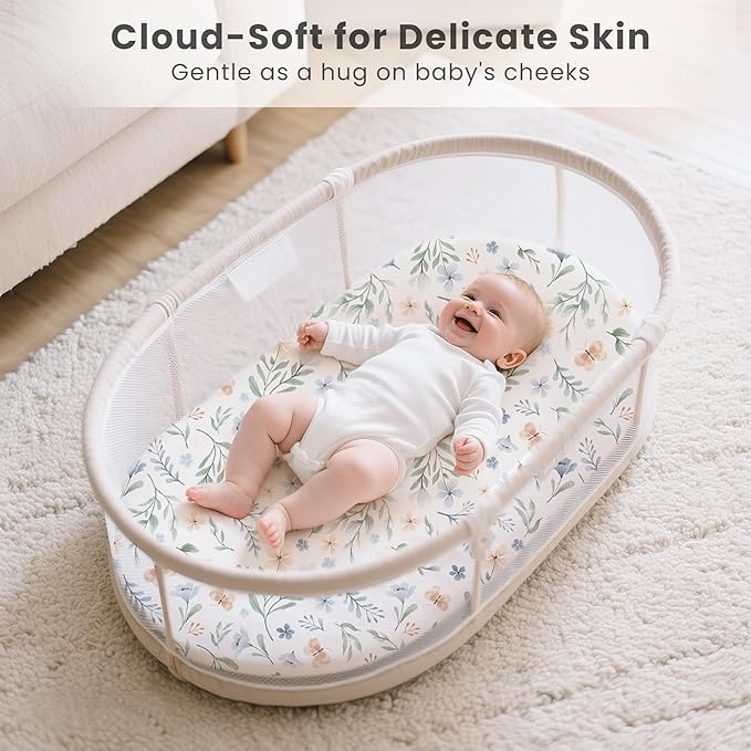 Konssy 3 Pack Stretchy Bassinet Sheets for Baby Girl Boy, Soft Breathable Baby Bassinet Mattress Sheets Fit for Hourglass Oval Cradle, Moses Basket Rectangle Mattress (Coffee Check)