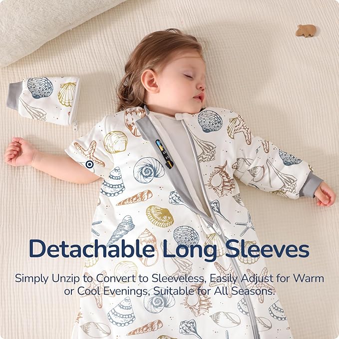 Baby Sleep Sack 18–24 Months, 2.5 TOG Warm Cotton Sleep Sack with Detachable Long Sleeves, Winter Wearable Blanket for Cold Nights, 2-Way Zipper Toddler Sleeping Sack, Ocean