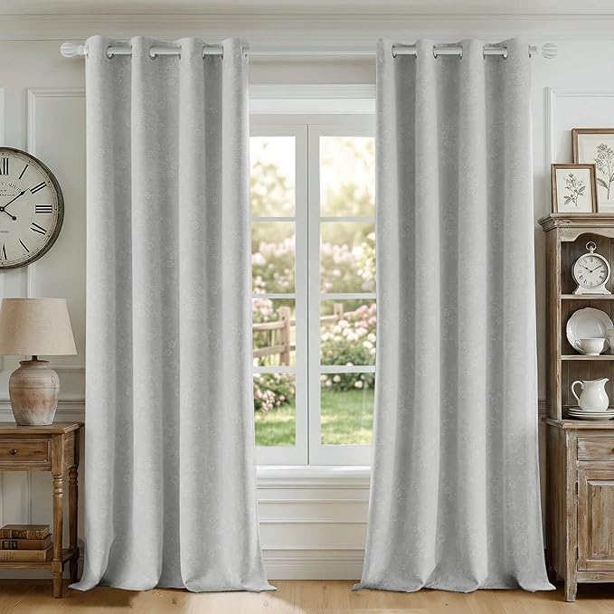 Beauoop Grey Floral Jacquard Blackout Curtains 63 Inches Long 2 Panels for Living Room Bedroom Chenille Flower Room Darkening Thermal Insulated Soundproof Grommet Window Drapes, 52x63 Set of 2