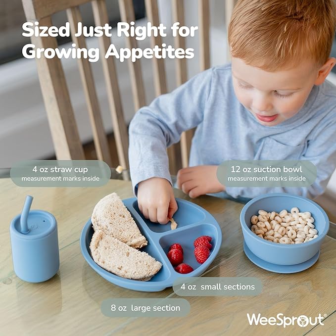 WeeSprout Baby Led Weaning Bundle, Silicone Suction Bowl, Spoons, Bib & Cup, Develops Self Feeding Skills, Dishwasher Safe (Green)