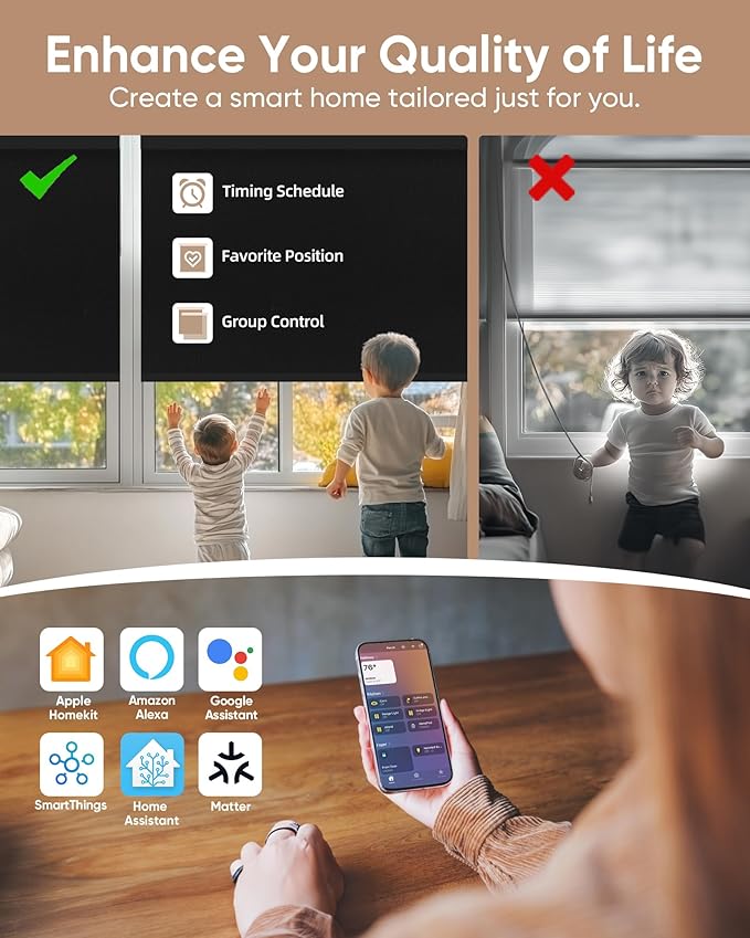 Kincmo Motorized Blinds with Remote,100% Blackout Motorized Roller Shades Work with Apple Homekit,Alexa,Google, Custom Electric Blinds with App,Voice Control (Pure Black)