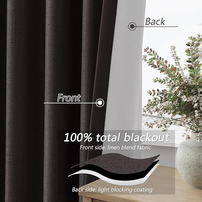 Guken 100% Blackout Curtains 108 Inch Length 2 Panels Set for Living Room Bedroom Back Tab Thermal Insulated Black Out Linen Drapes Room Darkening Cocoa Coffee,52x108