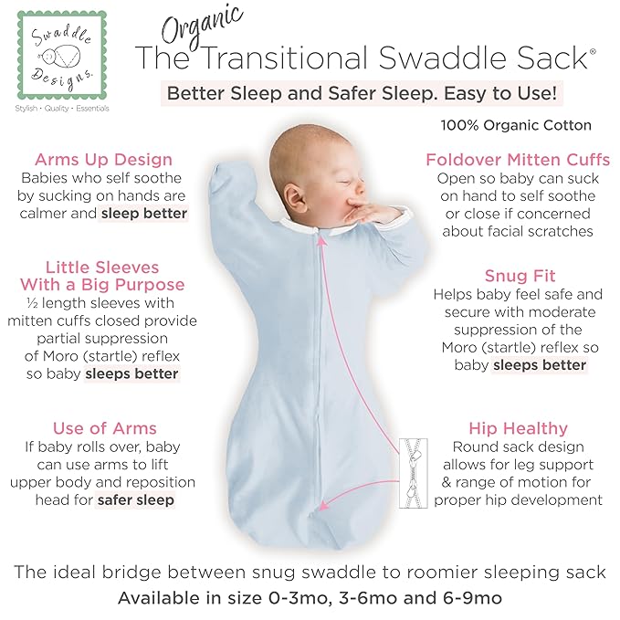 SwaddleDesigns Organic Transitional Swaddle Sack, Arms Up Swaddle with Half-Length Sleeves & Mitten Cuffs, Small, 0-3 Months, 6-14 lbs, Soft Blue