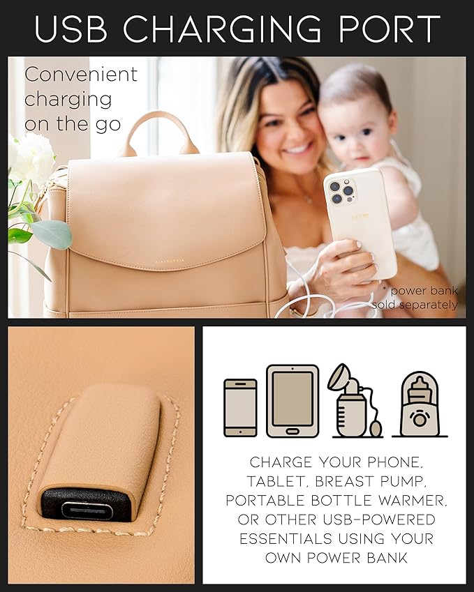 MIA + SOPHIA Leather Diaper Bag Backpack with USB Charging port, Changing Pad, Stroller Straps (Brown Olivia)