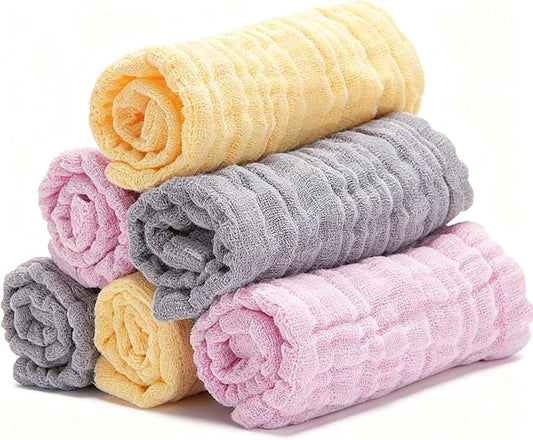 Bear Rocket Organic Muslin Baby Washcloths 6 Pack Baby Bath Face Towel 12x12 Inch Extra Absorbent and Soft Burp Cloth and Wash Cloths for Newborn-Infants On Sensitive Skin (Yellow Pink Grey)