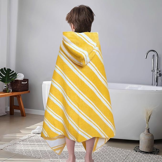 VOOVA & MOVAS Hooded Bath Towels for Kids (3-10Years,27.5"x55"),100% Cotton Absorbent Soft Towel Wrap for Toddler Boys,Perfect for Bathroom | Pool | Beach | Swimming, Jacquard Yellow Stripe