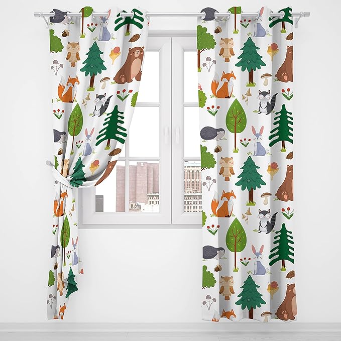 Kids Blackout Curtains ，Grommet Thermal Insulated Room Darkening Printed Summer Forest Cute Wildlife Animal and Forests Floral Cartoon Nursery Bedroom 42x63inch(107x160cm), White-style4
