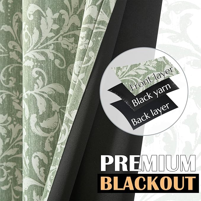 jinchan Blackout Curtains for Bedroom, Green Scroll Floral Patterned Curtains 72 Inch Length for Living Room, Farmhouse Vintage Art Deco Drapes, Thermal Insulated Window Curtains Grommet 2 Panels