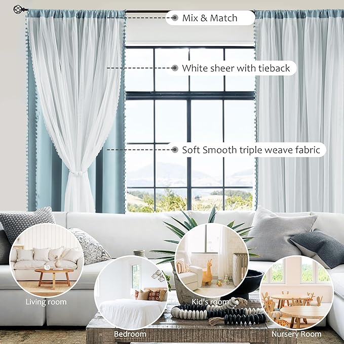 Pom Pom Blackout Curtains with Sheer Overlay for Living Room Bedroom, Kid's Room, Blue Mix and Match Double Layer Window Curtains Rod Pocket Thermal Insulated Curtains with Tiebacks, 2pcs, 52x84, Blue