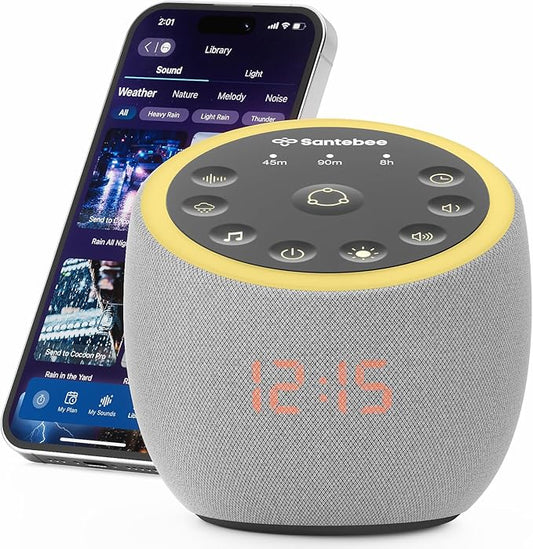 White Noise Sound Machine for Sleeping, 388 Soothing Sounds, Smart APP Control, Custom Buttons, Non Looping Natural Sounds, Bedside Dimmable Clock, Night Light, Santebee for Adults Baby Kids Lullaby