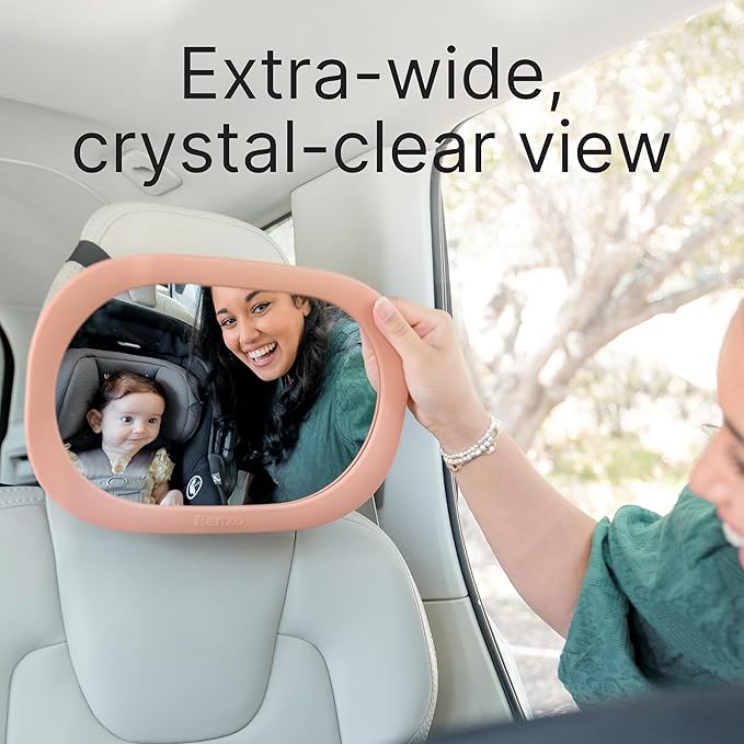 Renzo Baby Car Mirror - Rear Facing Car Seat Mirror for Infants - Extra Large, Shatter-Resistant, 360° Adjustable, Tool-Free Installation - Fits Most Cars, SUVs & Trucks (Almond Cream)