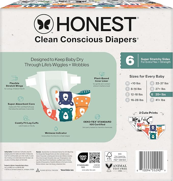 The Honest Company Comfort Dry Disposable Diapers for Sensitive Skin, Hypoallergenic, Fragrance-Free, Beary Cool + Big Trucks, Club Box, Size 6 (35 lbs), 40 Count