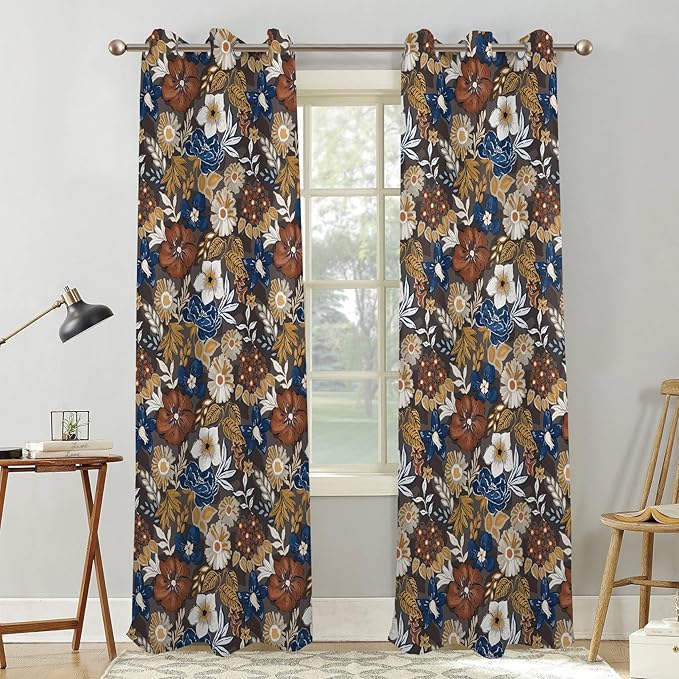 Renaiss Bohemian Floral Blackout Curtains, Blue Brown White Flower Thermal Insulated Bedroom Window Curtains, Boho Style Patterned Window Drapes for Living Room, 96" L x 42" W 2 Panel Set