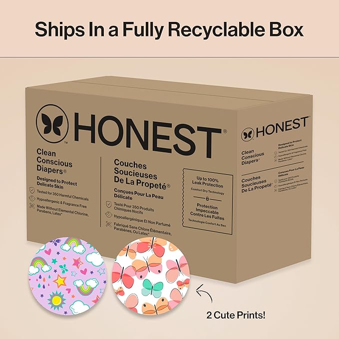 The Honest Company Comfort Dry Disposable Diapers for Sensitive Skin, Hypoallergenic, Sky's The Limit + Wingin It, Super Club Box Size 6 (35 lbs) 68 Count