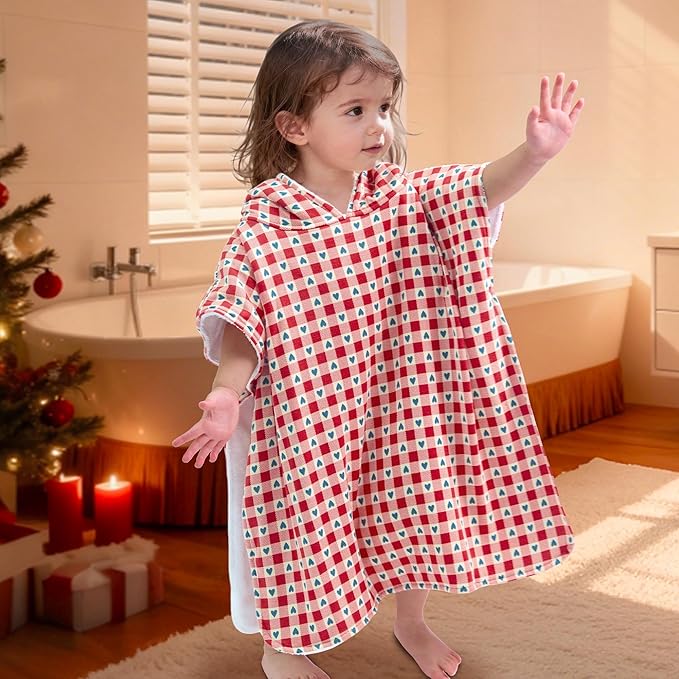 VOOVA & MOVAS Double-Layered Baby Hooded Bath Towel Poncho (2-4 Years, 20x21 Inches) | Ultra Soft & Absorbent Cotton | Thick Toddler Towel for Swimming, Beach, Shower & Winter,Heart