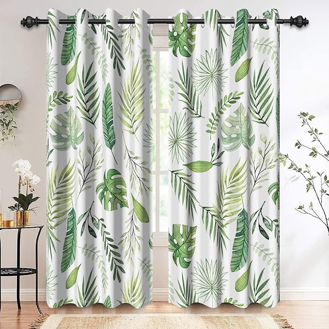 Renaiss Green Leaf Blackout Curtains, Tropical Safari Plants Patterned Thermal Insulated Bedroom Window Curtains, Eucalyptus Botanical Window Drapes for Living Room, 84" L x 53" W 2 Panel Set