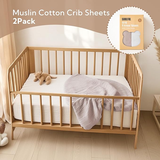 SOULFUL Muslin Crib Sheets for Boys Girls, 2 Pack Soft and Breathable Cotton Fitted Crib Sheets for Standard Crib Mattress (28"x 52", White & Mist Pink)