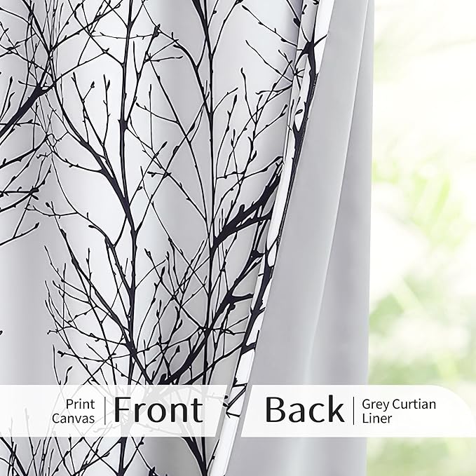 FMFUNCTEX 100% Blackout Curtains White Black Tree Liner Curtains for Bedroom, Branch Partterned Curtains 96 inches Long for Living Room, Room Darkening Thermal Insulated Drapes, Grommet Top 2 Panels