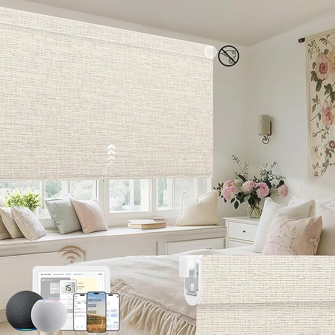 Kincmo No Drill Motorized Blinds with Remote, 100% Blackout Roller Shades for Windows, Custom Electric Blinds Compatible with Alexa, Apple Homekit, Google Home (100% Blackout Classic Warm)