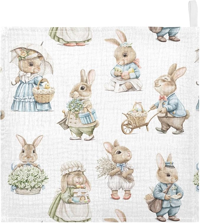 Vvfelixl Muslin Washcloths Easter Rabbits Bunny Baby Burp Cloths Cotton Face Towel for Newborn Infants Boys Girls - Soft and Absorbent 11.8 X 11.8 in, 3 Pack