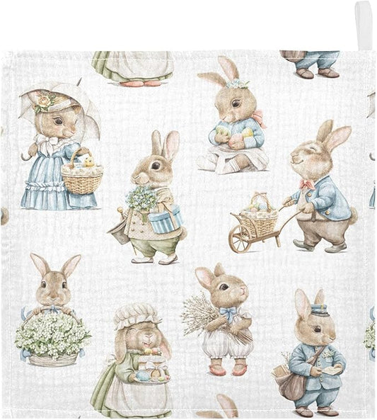 Vvfelixl Muslin Washcloths Easter Rabbits Bunny Baby Burp Cloths Cotton Face Towel for Newborn Infants Boys Girls - Soft and Absorbent 11.8 X 11.8 in, 3 Pack