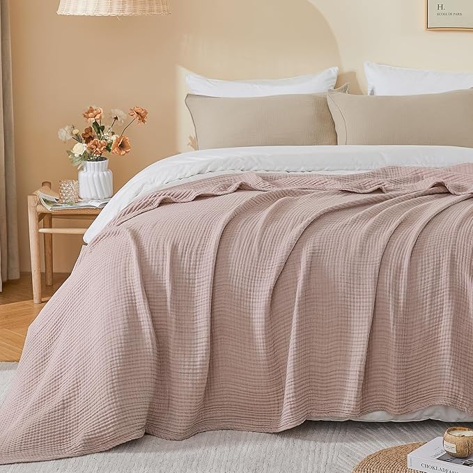 EMME Cotton Muslin Large Throw Blanket Couch Breathable Gauze Soft Lightweight Bed Blankets Adults (Heather Dusty Pink, 50"x70")