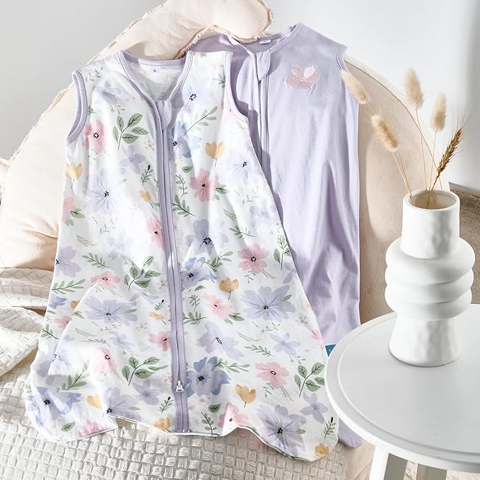TILLYOU 2 Pack Baby Sleep Sack 12-18 Months 100% Cotton Wearable Blanket 0.5 TOG Sleeveless Summer Sleep Sacks with 2-Way Zipper, Brilliant Little Flowers and Purple