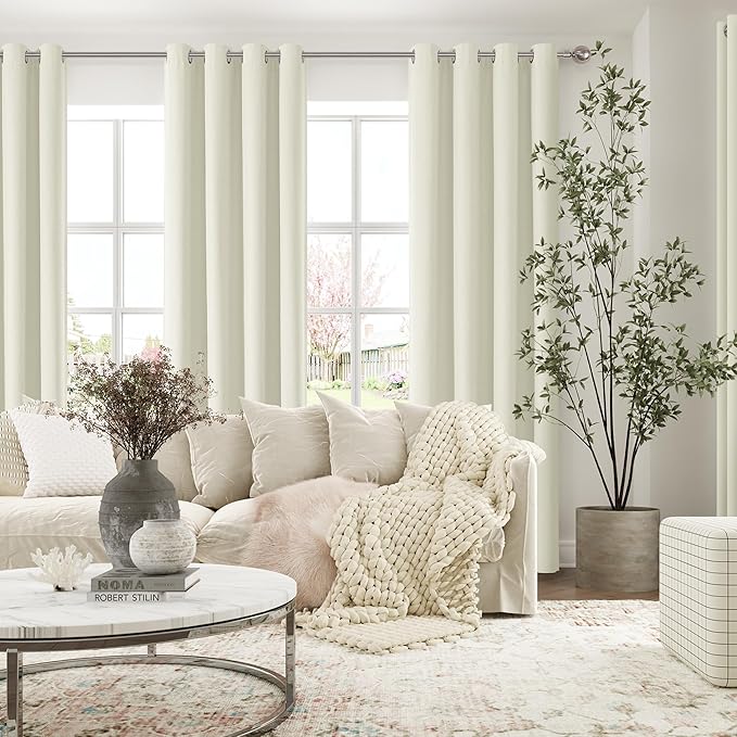 ChrisDowa 100% Blackout Ivory Solid Curtains 108 Inches Long 2 Panels for Bedroom Living Room,Farmhouse Room Darkening Thermal Insulated Soundproof Grommet Top Window Treatment Drapes,52x108