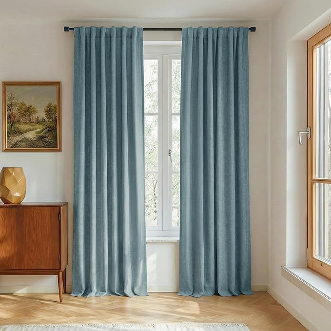 NICETOWN 100% Blackout Skylark Blue Linen Curtains 90" Length with Thermal Insulated Liners, Farmhouse Style Room Cooling Small Window Draperies for Dining Room (2 Panels, 52" W)