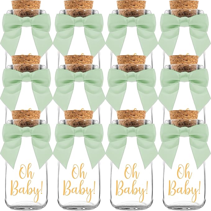Ethisa Vintage 12 Pack Oh Baby Woodland Milk Glass Bottles with Ribbons and Stickers - Classy Baby Shower Favors for Guests and Table Centerpieces - Gender Neutral Eucalyptus Decoration - Safari Theme