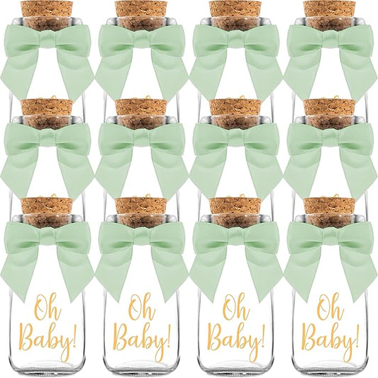 Ethisa Vintage 12 Pack Oh Baby Woodland Milk Glass Bottles with Ribbons and Stickers - Classy Baby Shower Favors for Guests and Table Centerpieces - Gender Neutral Eucalyptus Decoration - Safari Theme