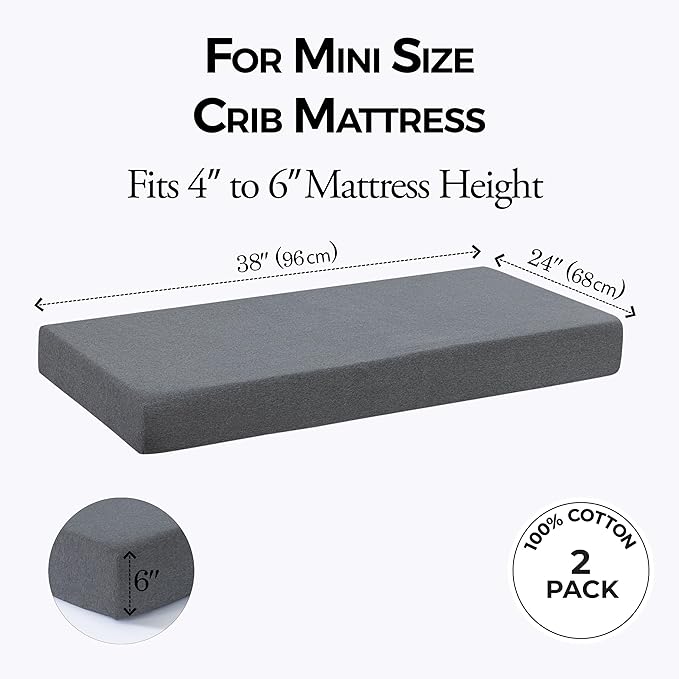 Dreamology Mini Crib Fitted Sheets,100% Cotton Crib Sheets for Boys, Girls,Mini Crib Mattress Sheet,Mini Crib Sheets, Pack and Play Sheets,38x24 Mini Crib Sheet Fitted | Grey and Silver Grey