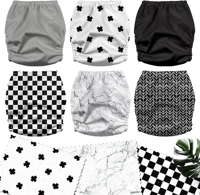 Mama Koala 3.0 Cloth Diapers for Babies with Suede Lining, 6 Pack with 6 Natural Cloth Diaper Inserts - Reusable and Washable Pocket Diapers (S-B&W)