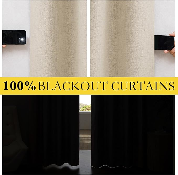 NICETOWN Cream Bedroom Full Blackout Linen Curtains, Thick Insulated Classic Rod Pocket Back Tab Blackout Draperies with White Thermal Insulated Liner for Nursery, Study (Set of 2, 52 by 72-inch)