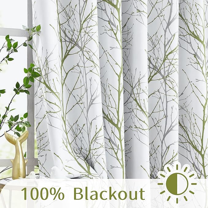 FMFUNCTEX 100% Blackout Patio Sliding Glass Door Curtains 84 Inch Long for Bedroom, Green Grey on White Tree Branch Patterned Drapes for Living Room Divider, Extra Wide Thermal Insulated Panels