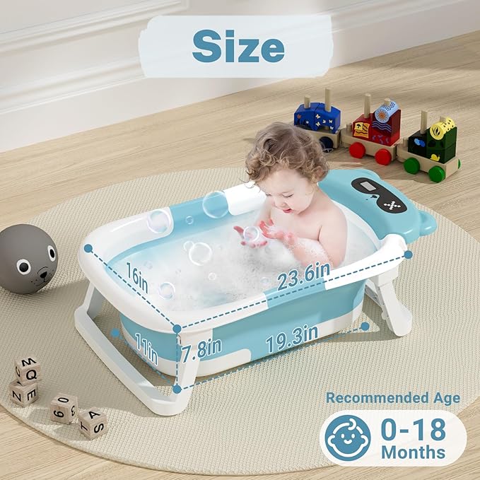 AVIDOR Baby Bathtub,Collapsible Bathtub for Newborn to Toddler,Durable Essential Infant Bath Tub,Portable Travel Baby Bathtub with Soft Cushion,No-Slip Hanging and Detachable Bathtub(Blue)