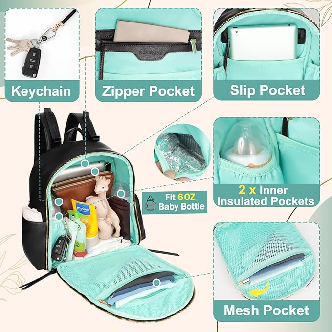MOMINSIDE Small Diaper Bag Backpack, Mini Diaper Bag with 11 Pockets, Leather diaper backpack, Baby Diaper Bag for Baby Girls, 2 Insulated Pockets, Stroller Straps (Black)