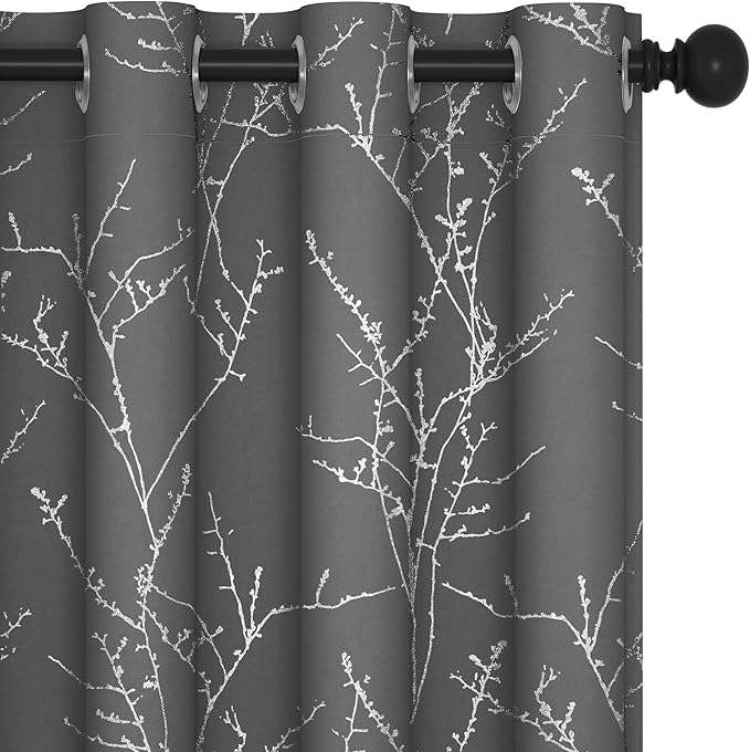 Deconovo Grey Blackout Curtains for Bedroom, Thermal Insulated Soundproof Drapes, Silver Branch Foil Print, 52 x 72 Inches Long, 2 Panels, Machine‑Washable Grommet Window Panel for Living Room Office